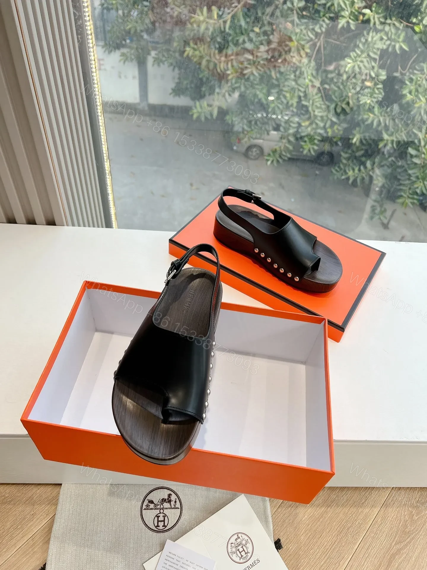 View 3 of Hermes Women Black Leather Slingback Sandals