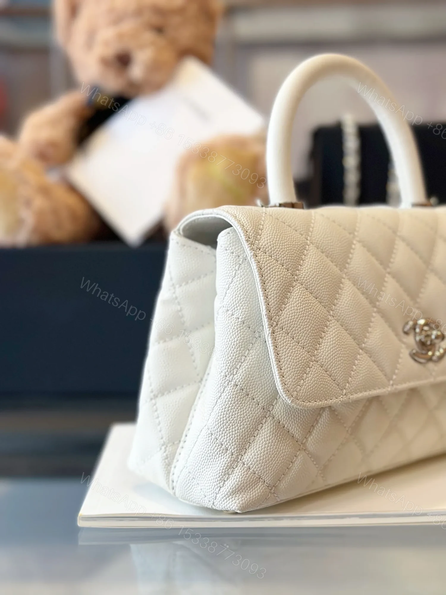 View 4 of Chanel Coco Handbags Leather White With Silver Lock Woman’s 23cm
