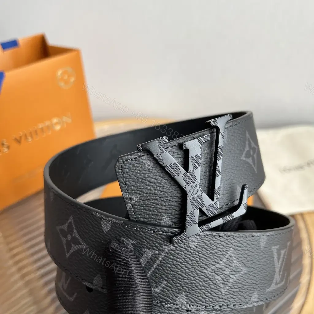 View 5 of Black Leather Belt Modern Slick LV Monogram Buckle Belt