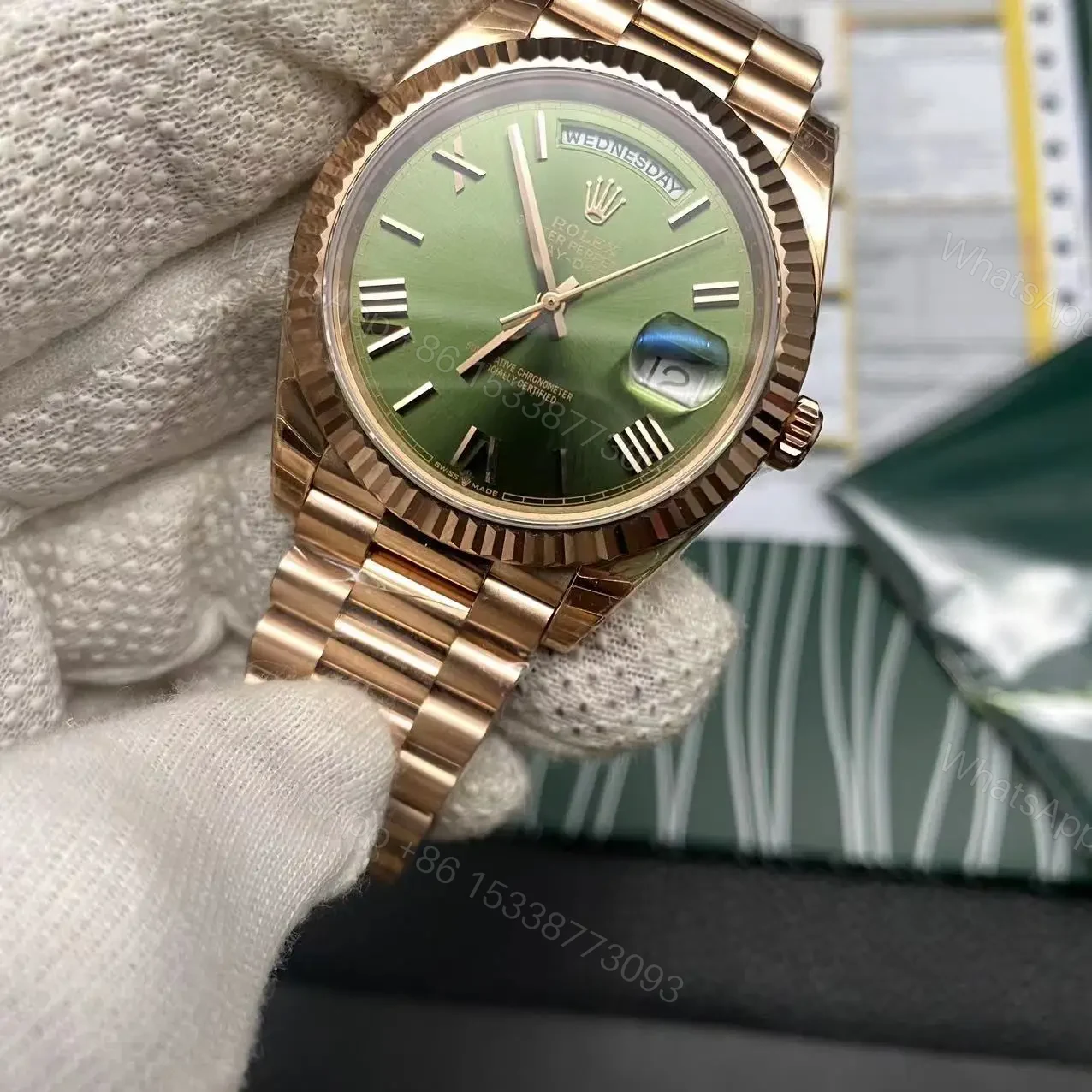 View 7 of Super clone Replica Day Date Rose Gold Green Dial