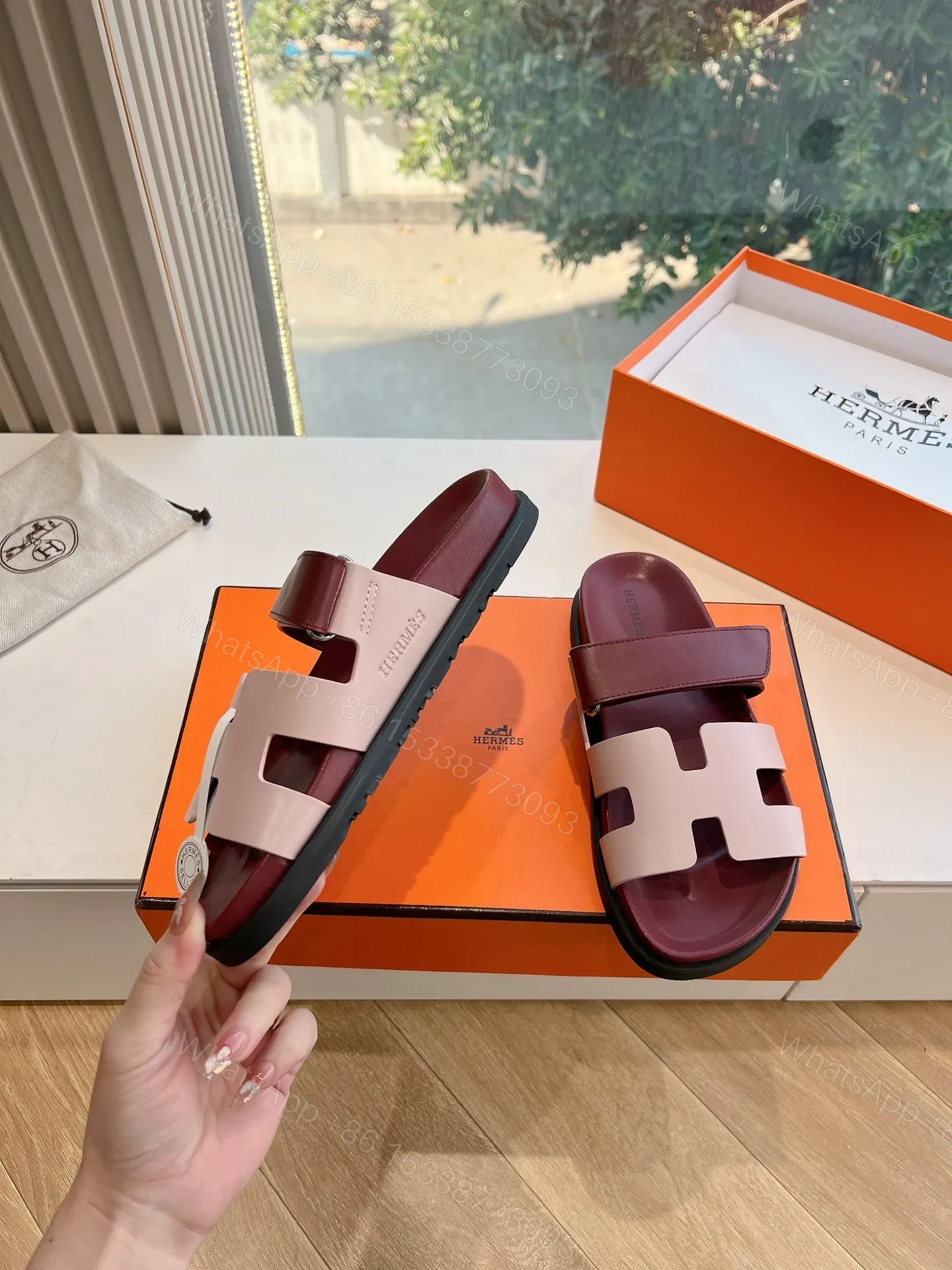 View 6 of Hermes Women Burgundy Leather Pink Accent Sandals