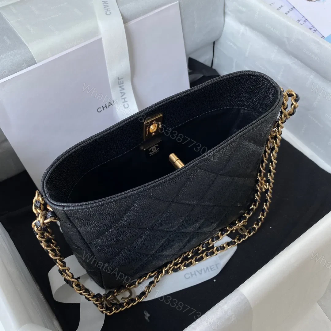 View 5 of Chanel Hobo Like Auth Handbags Pebbled Leather With Lock Gold 19x16cm