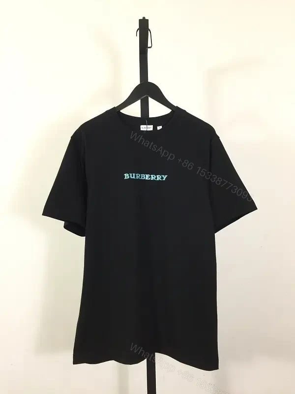 Black Cotton T-shirt Regular Fit Turquoise Burberry Chest Text T-shirt — view 1
