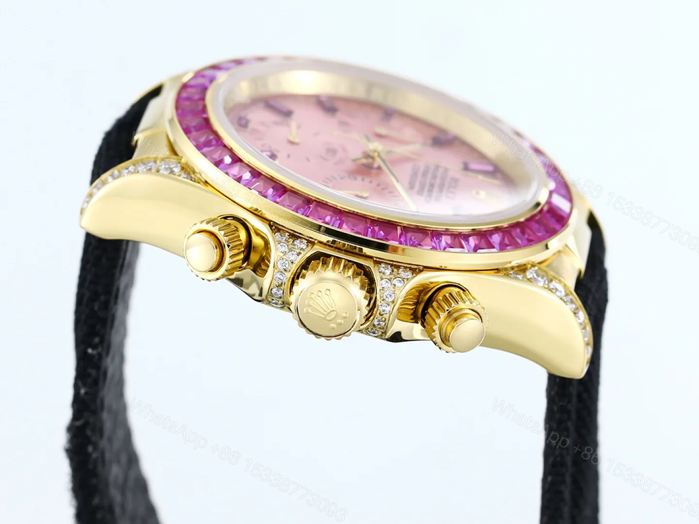 View 6 of Rolex Daytona Pink Ruby Black Strap Replica 43MM Exclusive Gold Case Edition RG-ROLEX-DAYTONA-PINK-RUBY-BLACK-43
