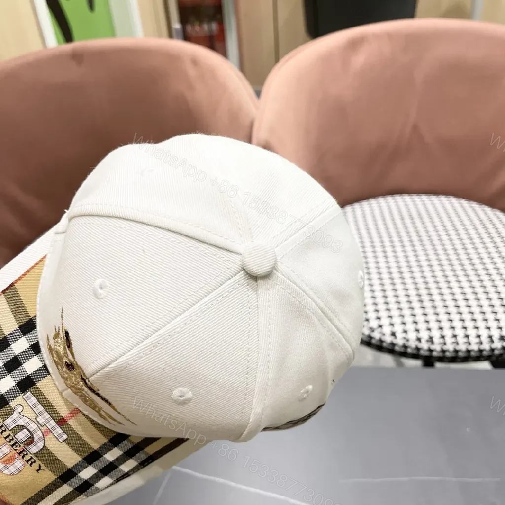 View 11 of White Plaid-Visor Sports Cap with Golden Motif Embroidery