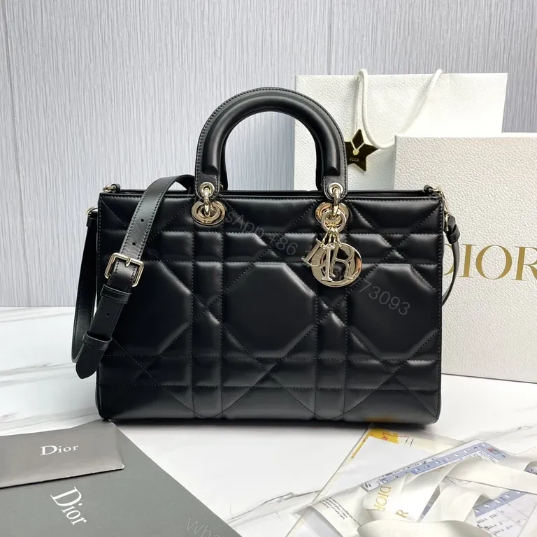 View 7 of Structured Quilted Black Calf Leather Handbag with Dior Charms