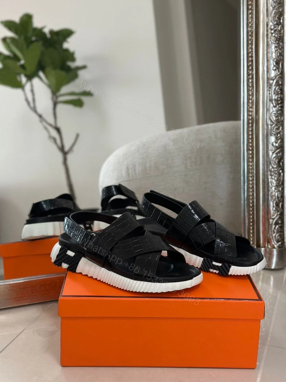 View 4 of Design Hermes Black Leather Electric Flat Sandals
