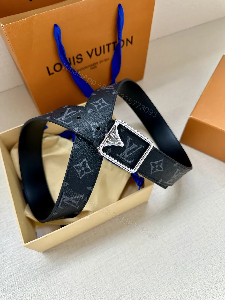 View 5 of Monogram Belt: Modern Luxury Black Leather Style, Gold Buckle