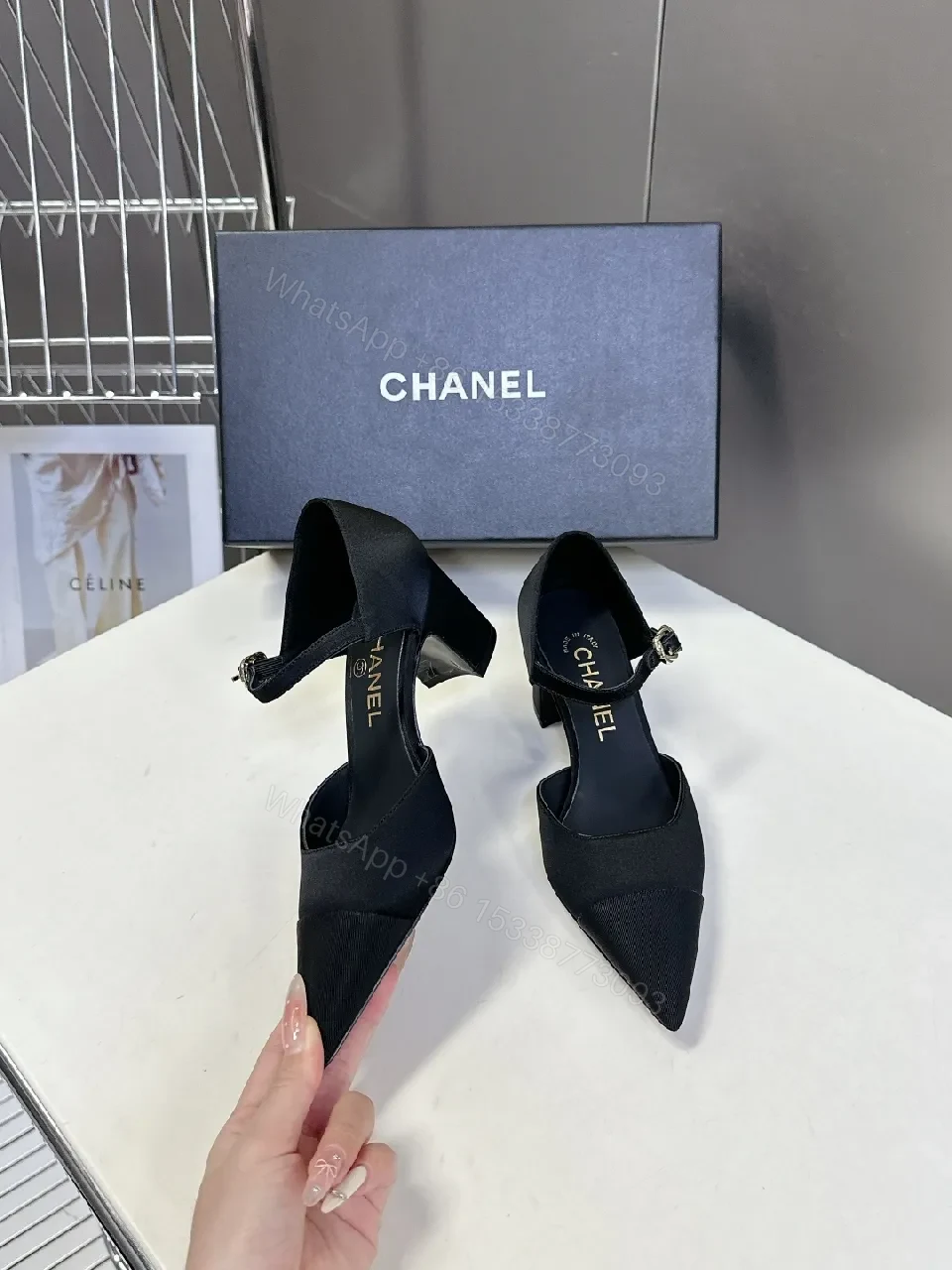View 7 of Chic Black Pointed-Toe Heels with Ankle Strap