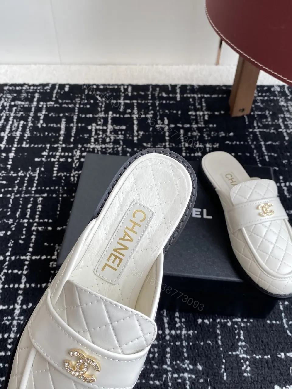 View 4 of Quilted White Leather Slides - Gold Hardware Luxury Slip-Ons
