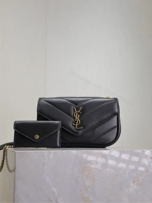 Black Leather Envelope Bag with Gold YSL Logo, Structured Style — view 1