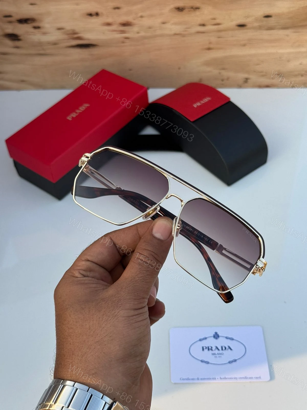 View 3 of Prada Aviator Square Silver Dark Grey Sunglasses