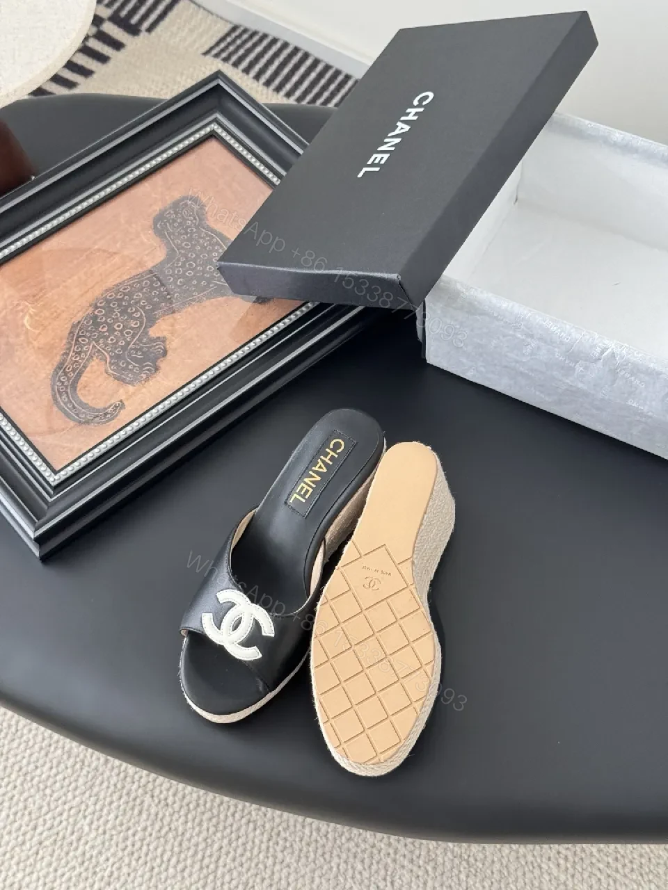 View 2 of Black Leather Espadrille Wedges, Signature Logo, Cushioned Comfort