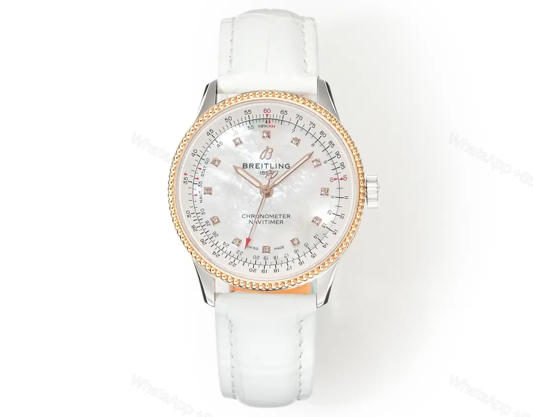 Breitling Women’s Navitimer Automatic Chronograph Watch – White Mother-of-Pearl Dial, Stainless Steel Case, White Leather Strap — view 1