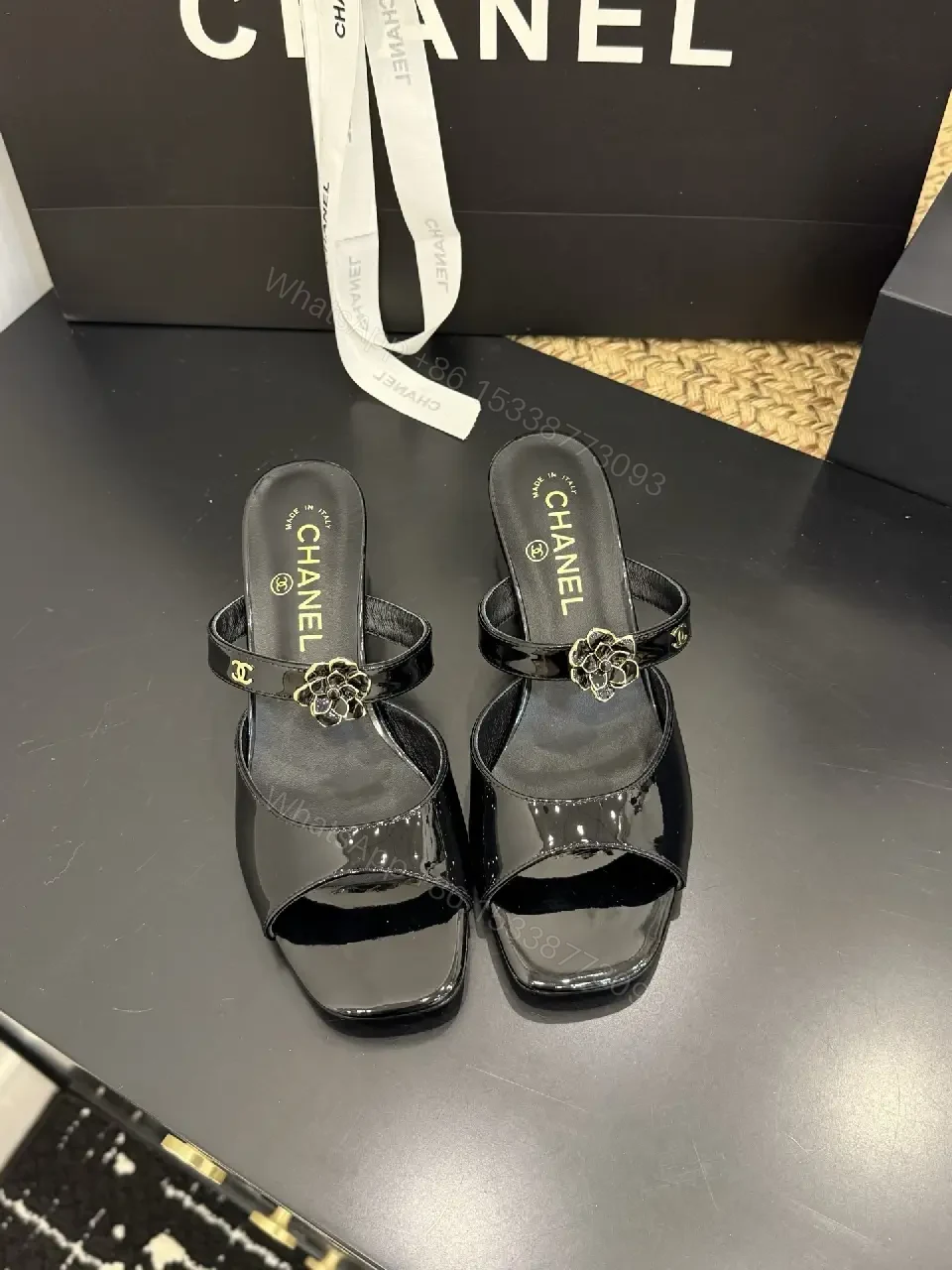 View 8 of Glossy Satin Mules with Crystal Rose Accent - Open-Toe, Low Heel