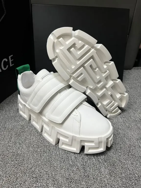 View 4 of Bold White Platform Sneakers â€“ Greek Key Detail, Velcro Straps