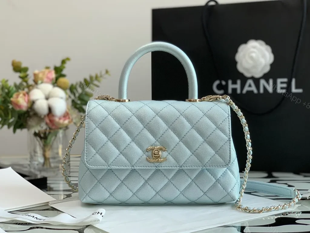 View 8 of Pastel Blue Quilted Bag with Gold CC Accents - Luxe Compact Purse