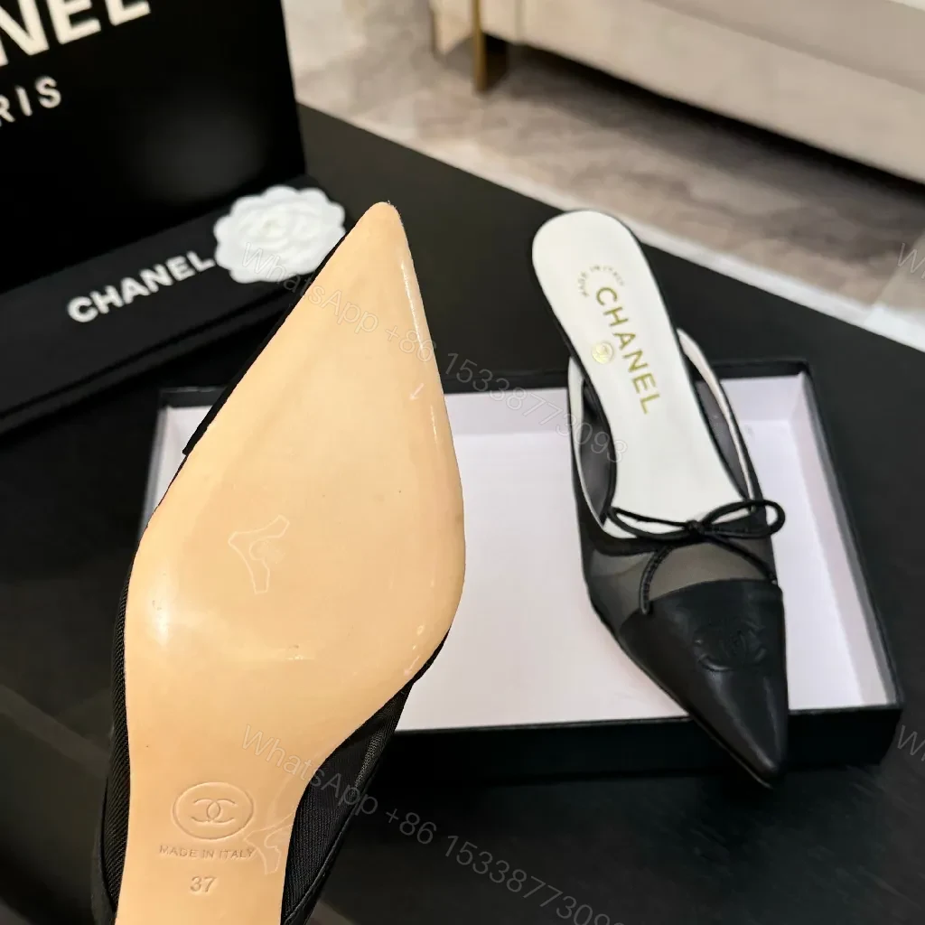 View 9 of Black Leather Mesh Mules, Pointed Toe, Kitten Heel, Luxe Style