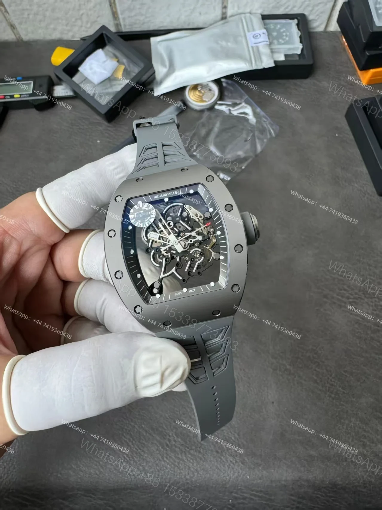 View 8 of Super Clone Richard Mille RM 055 Gray Ceramic Titanium Grey Rubber Strap 1:1 Replica Watch