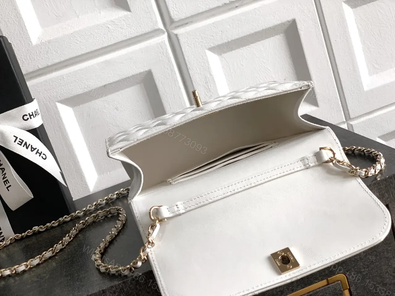 View 10 of Pearl-Chain Quilted Mini Bag - White Leather, Gold Accent, Crossbody Compact