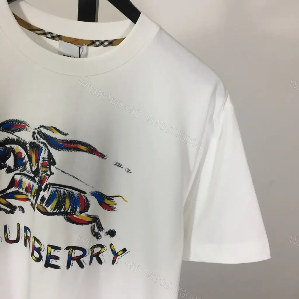 View 4 of White Cotton Tee, Modern Fit, Burberry-Inspired Horse Logo, Graphic Streetwear Tee