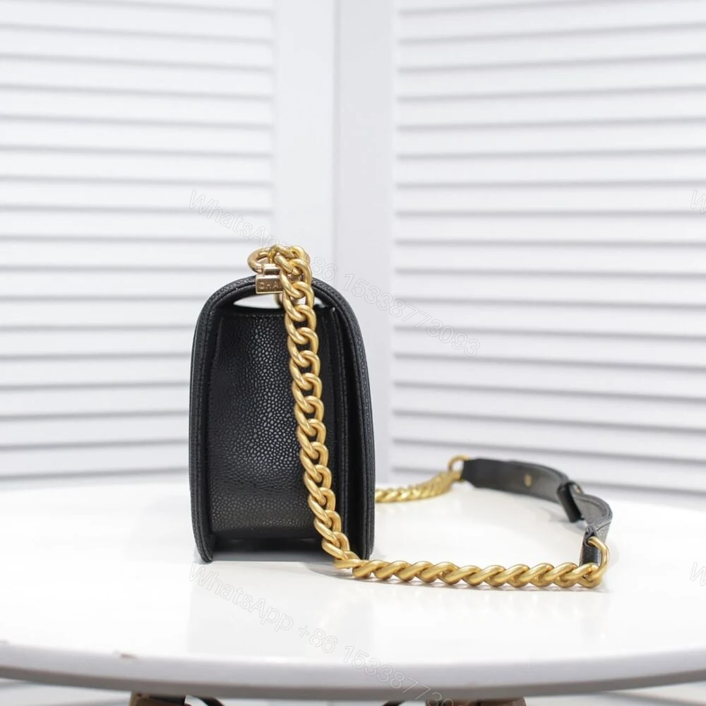View 3 of Chanel Boy Medium Handbag Grained And Gold Tone Metal Black 25Cm