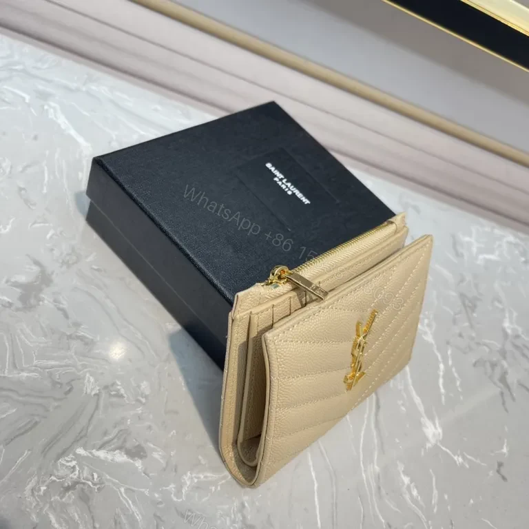 View 4 of Quilted Beige Wallet with Gold YSL Emblem - Luxury Compact Wallet