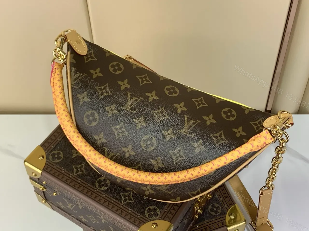 View 10 of Dark Brown LV Monogram Crescent Belt Bag with Yellow Top Panel