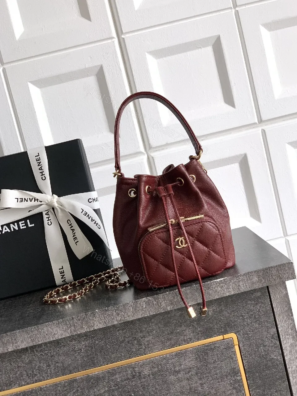 Burgundy Quilted Mini Bag with Gold Hardware — view 1
