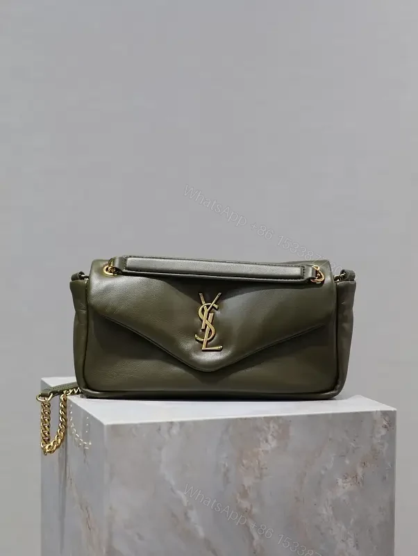 Olive Leather Mini Bag: Structured, Gold YSL Logo, Compact Elegance — view 1
