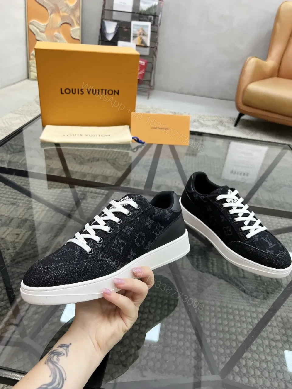 View 6 of Denim-Texture Sneakers with LV-Inspired Embroidery, All-Day Comfort