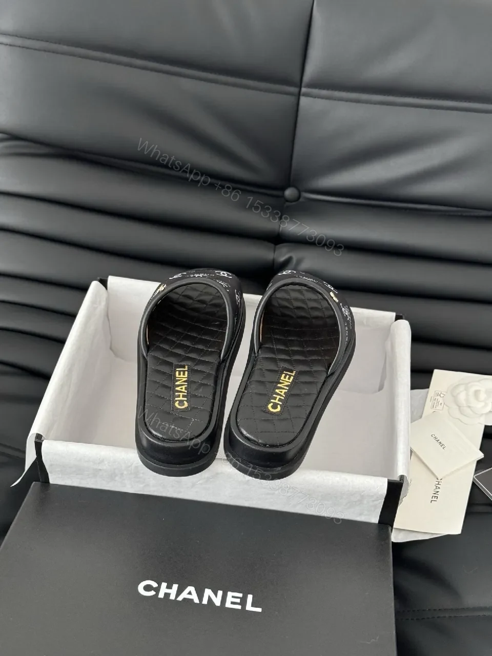 View 8 of Black quilted slide sandals, faux leather, luxe casual, cushioned footbed, slide sandal
