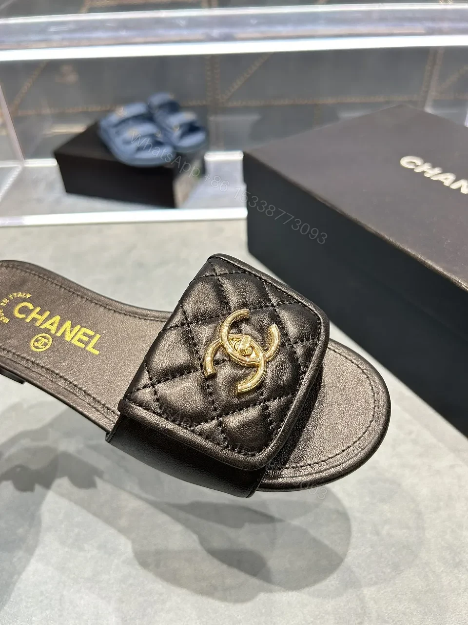 View 6 of Quilted Leather Slides - Luxury Comfort, Gold Logo Detail