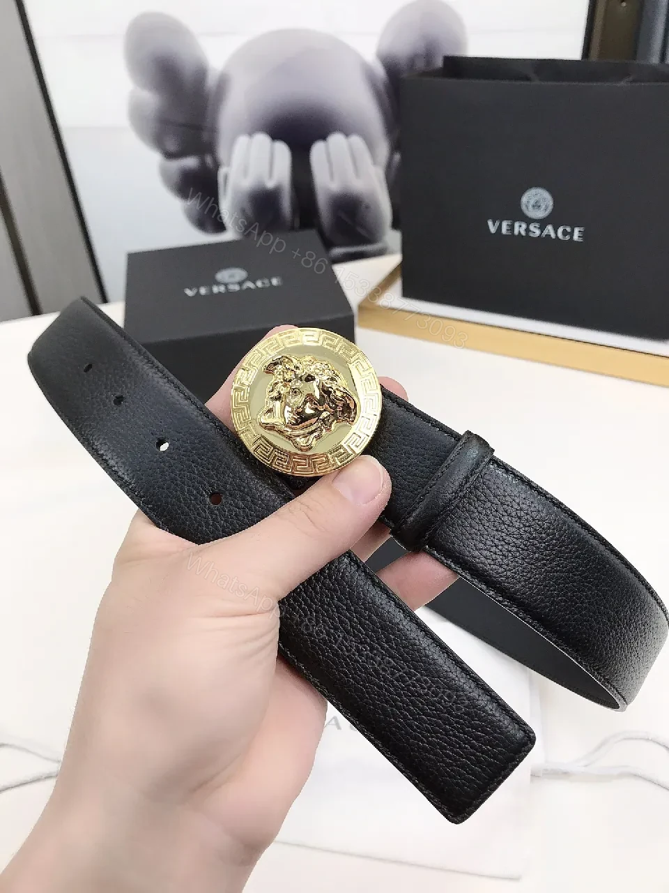 View 8 of Black Leather Belt with Gold Medusa Buckle, Signature Style
