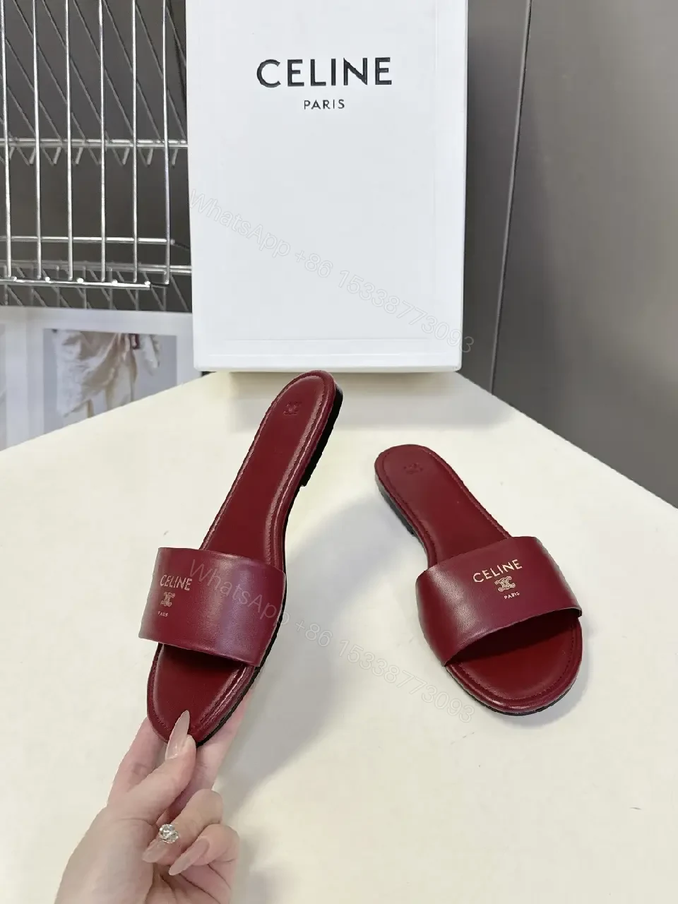 View 6 of Chic Burgundy Leather Minimalist Slides with Ergonomic Comfort