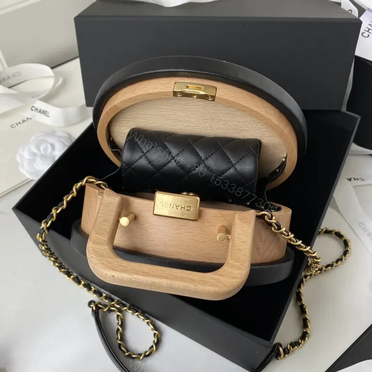 View 5 of Round Wood-Panel Shoulder Bag with Logo