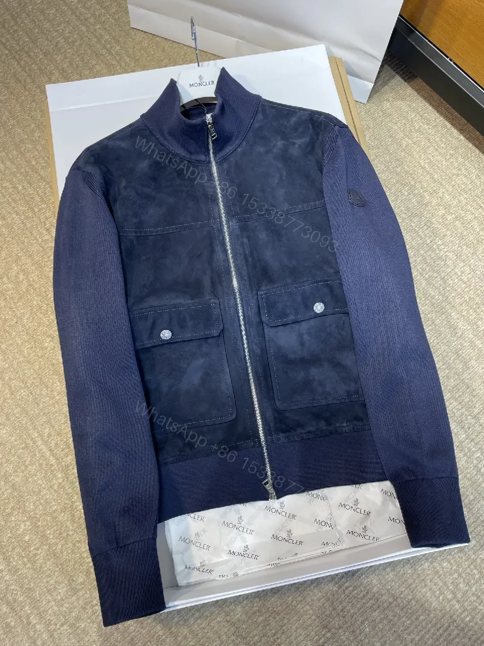 Navy Suede-Texture Hybrid Jacket with Knit Sleeves — view 1