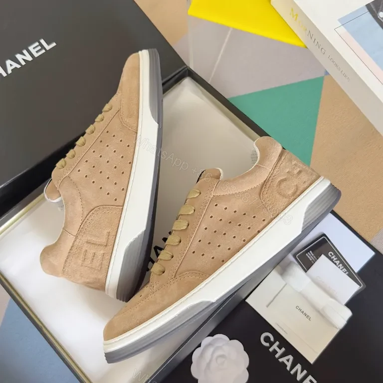 View 4 of Nude Suede Chanel-Inspired Casual Sneakers with Comfort-Boost