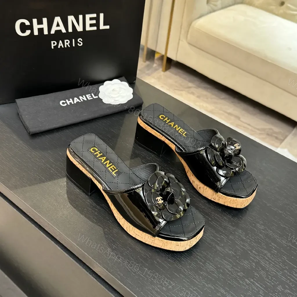 Patent Floral Crossover Slide with Cork Platform — view 1