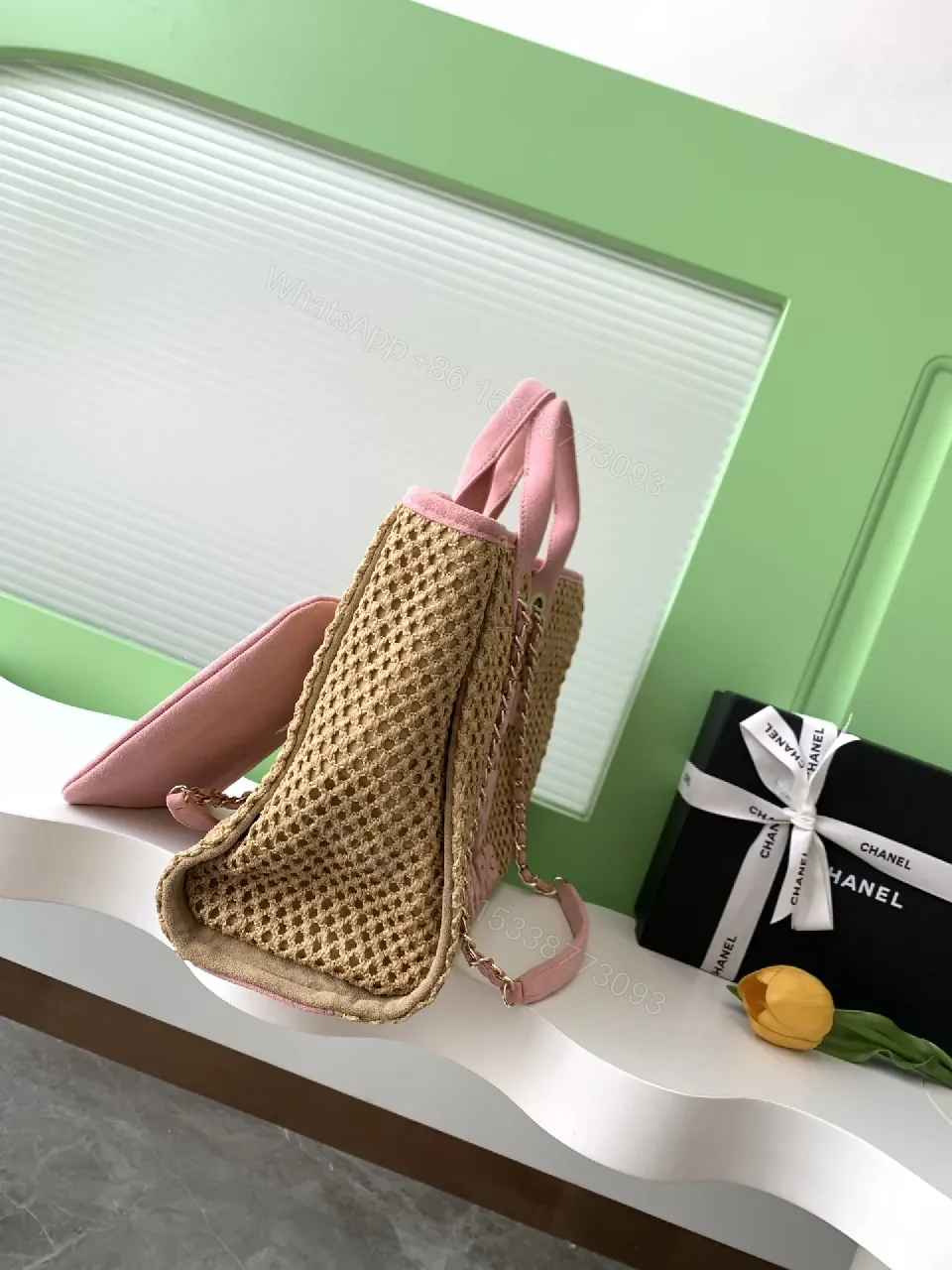 View 4 of Textured Straw Pink Tote with Chain Detail Bag