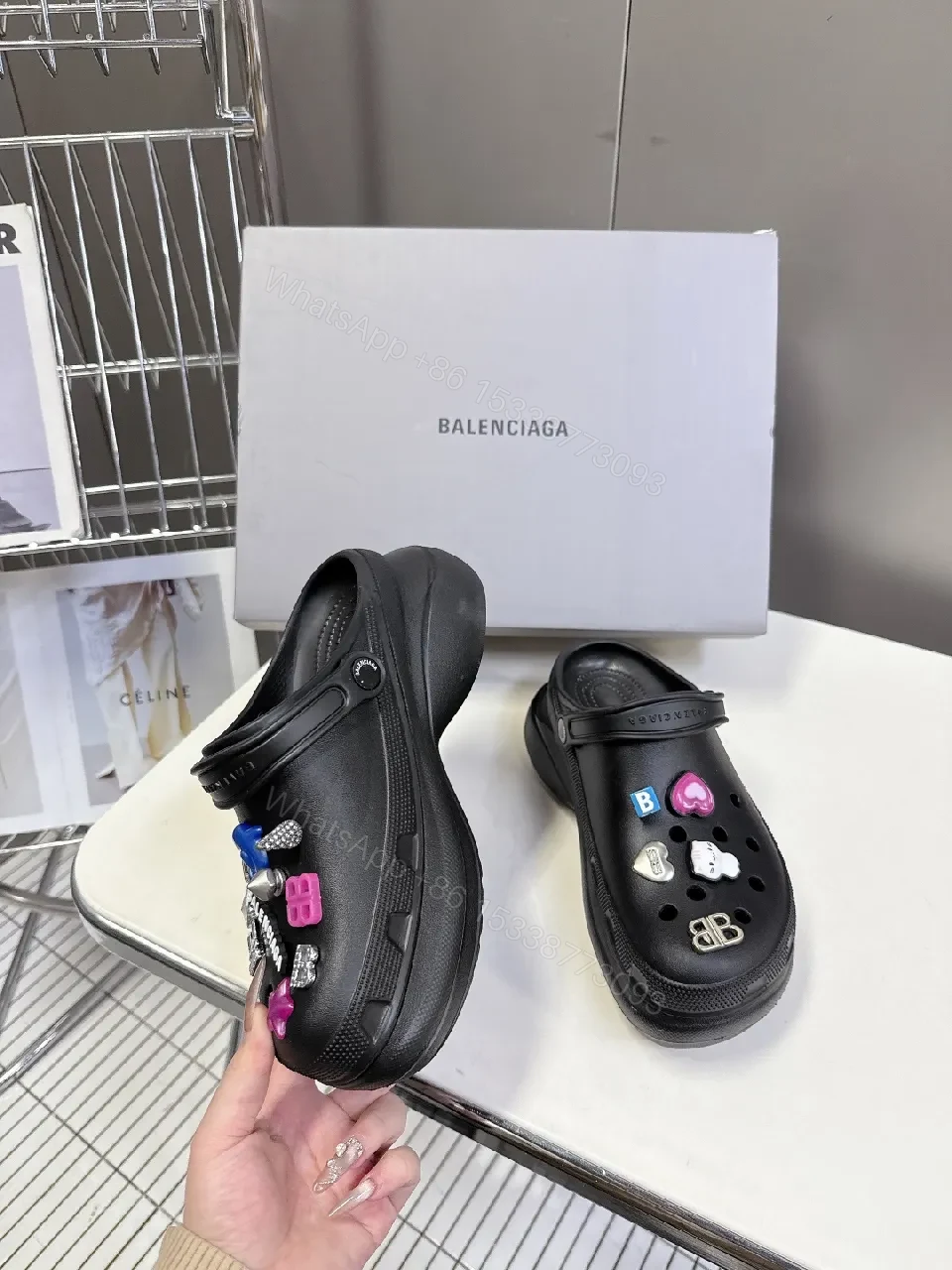 View 6 of Bold Black Faux Leather Clogs with Enamel Charms, All-Day Comfort