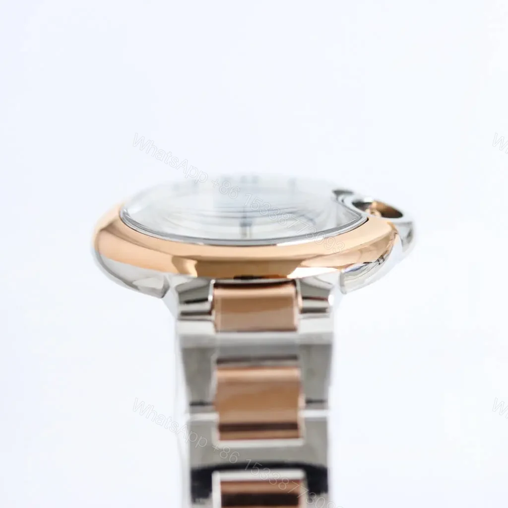 View 4 of JF Factory Cartier Ballon Bleu Automatic Watch – Rose Gold and Stainless Steel, Dark Yellow Dial, Roman Numerals, Blue Hands, 10mm Thick, Quick Release Leather Strap, Model 845565xx3489