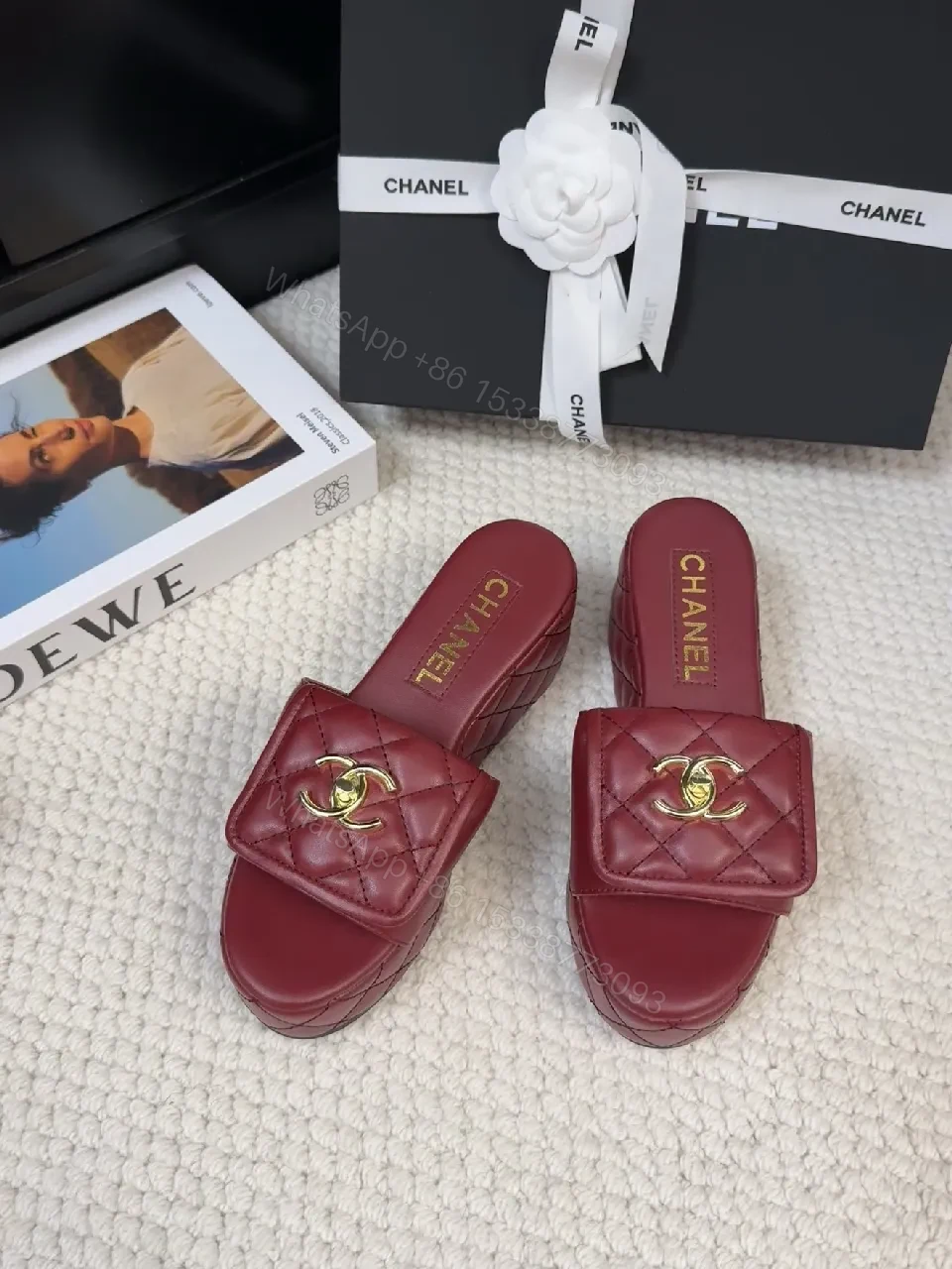View 2 of Burgundy Quilted Slides with Gold Hardware, Luxury Comfort