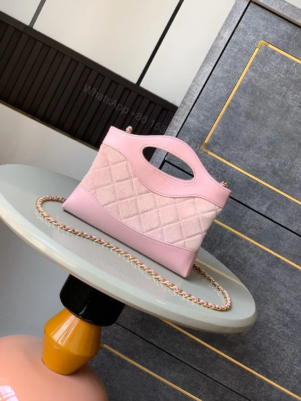 View 9 of Soft Pink Velvet-Trim Quilted Mini Satchel