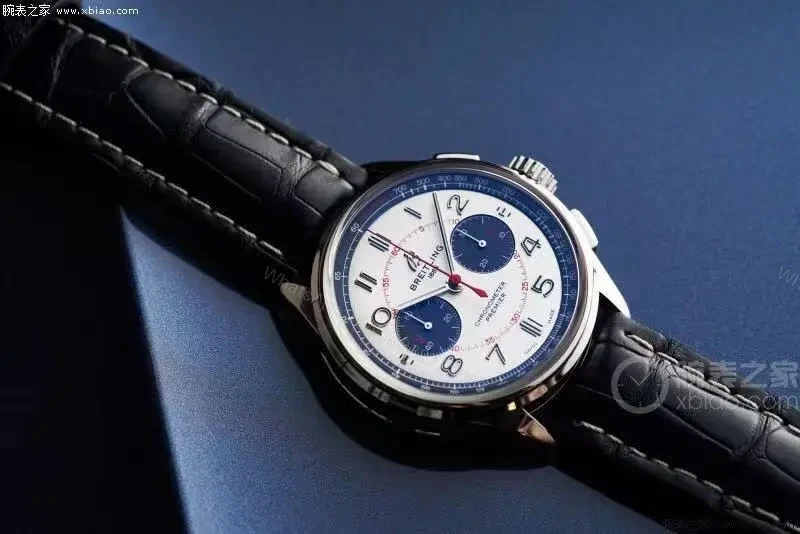 View 3 of OM Factory Breitling Premier B01 Chronograph Watch – Blue and White Dial, Leather Strap, 42mm Stainless Steel Case