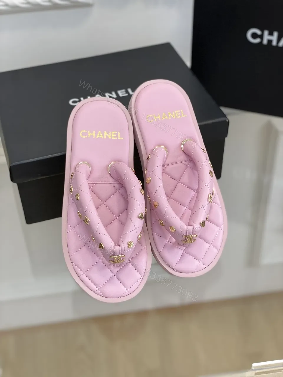 View 5 of Pink Quilted Sandals with Gold Hardware Slide