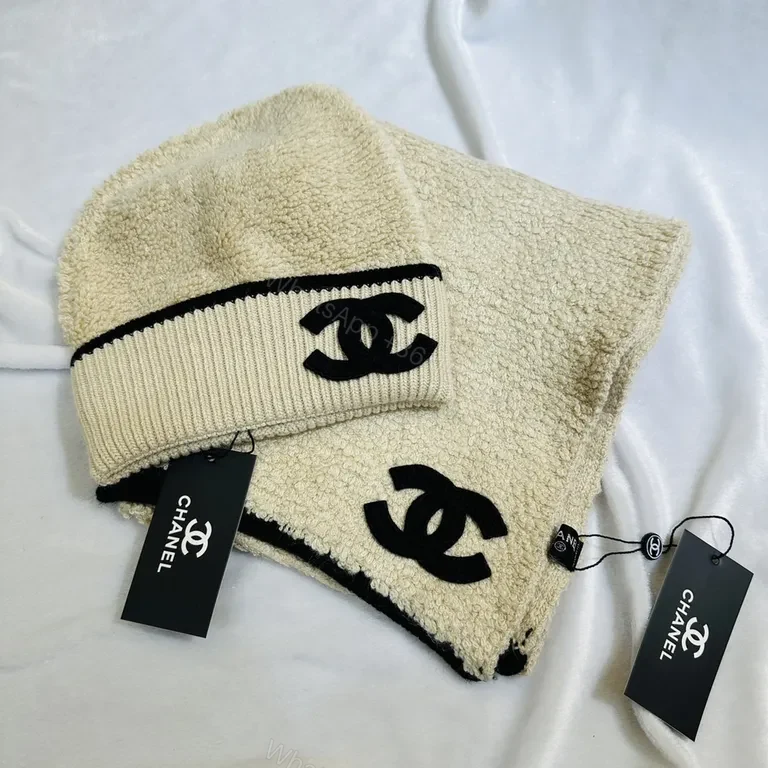 Chic Logo Plush Scarf & Beanie Set â€“ Cream/Black, Cozy Luxury — view 1