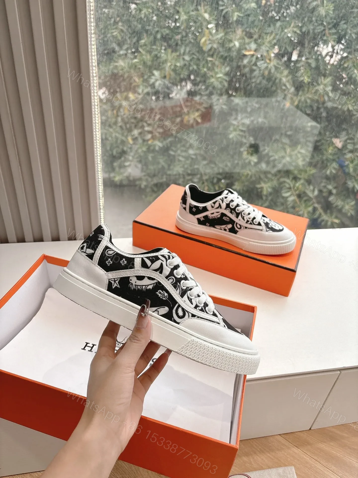 View 4 of Hermes Women Black White Canvas Sneakers