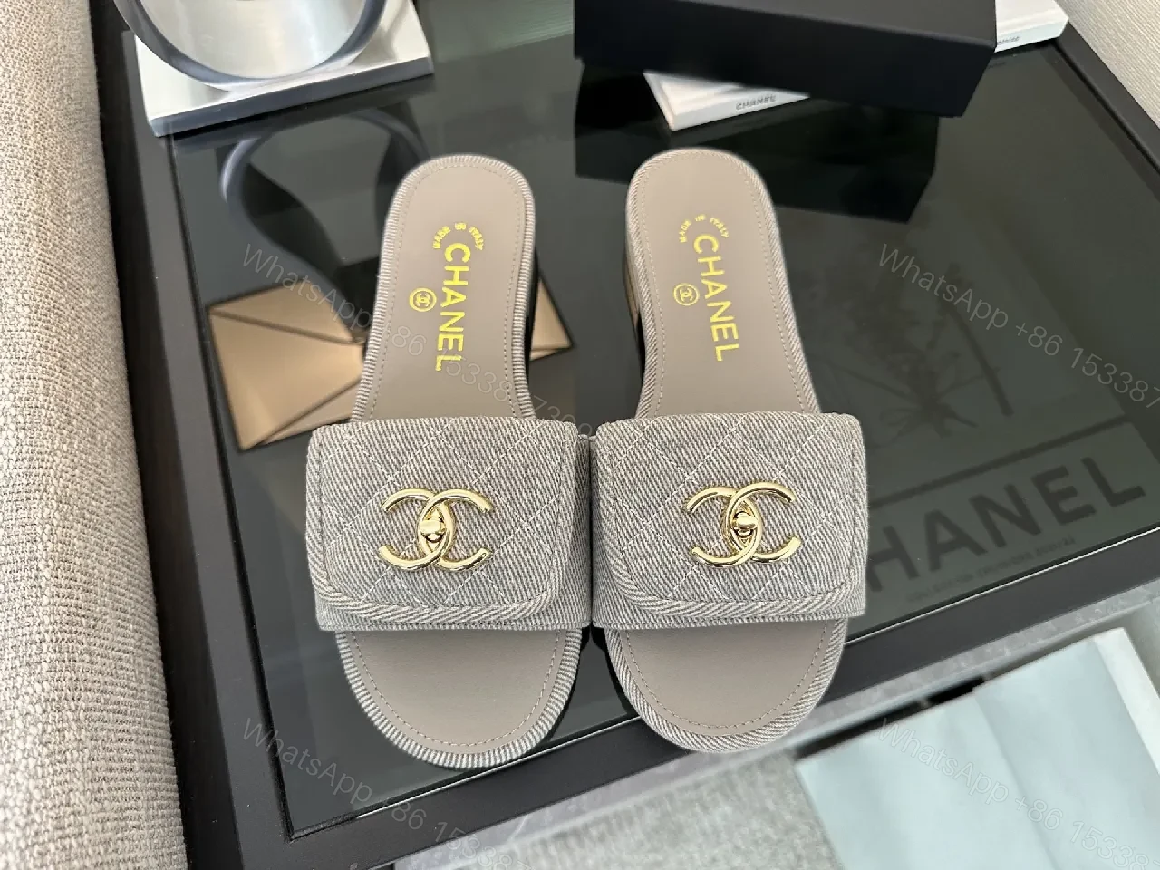 Soft Denim Slides + Denim Texture + Minimalist Luxury + Gold Emblem + Slides — view 1