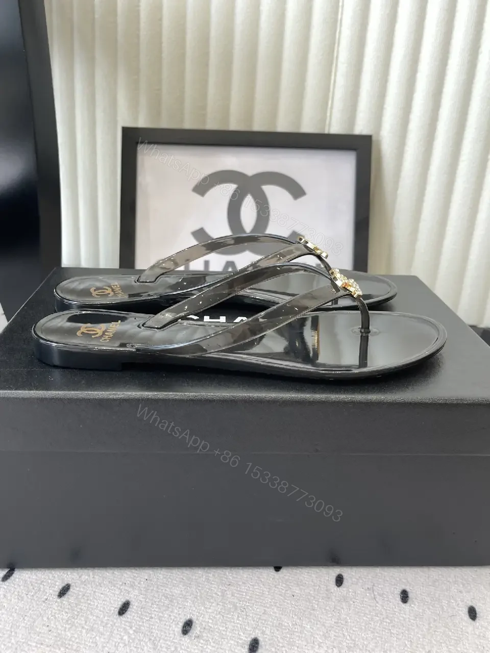 View 5 of Black Leather Plastic Sandals Classic Gold Chanel Logo Sandals